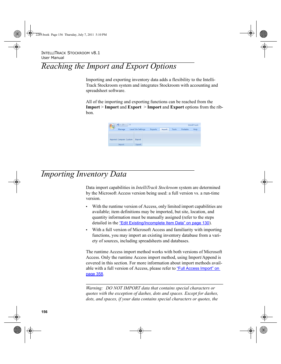 Reaching the import and export options, Importing inventory data | IntelliTrack Stockroom Inventory User Manual | Page 184 / 424
