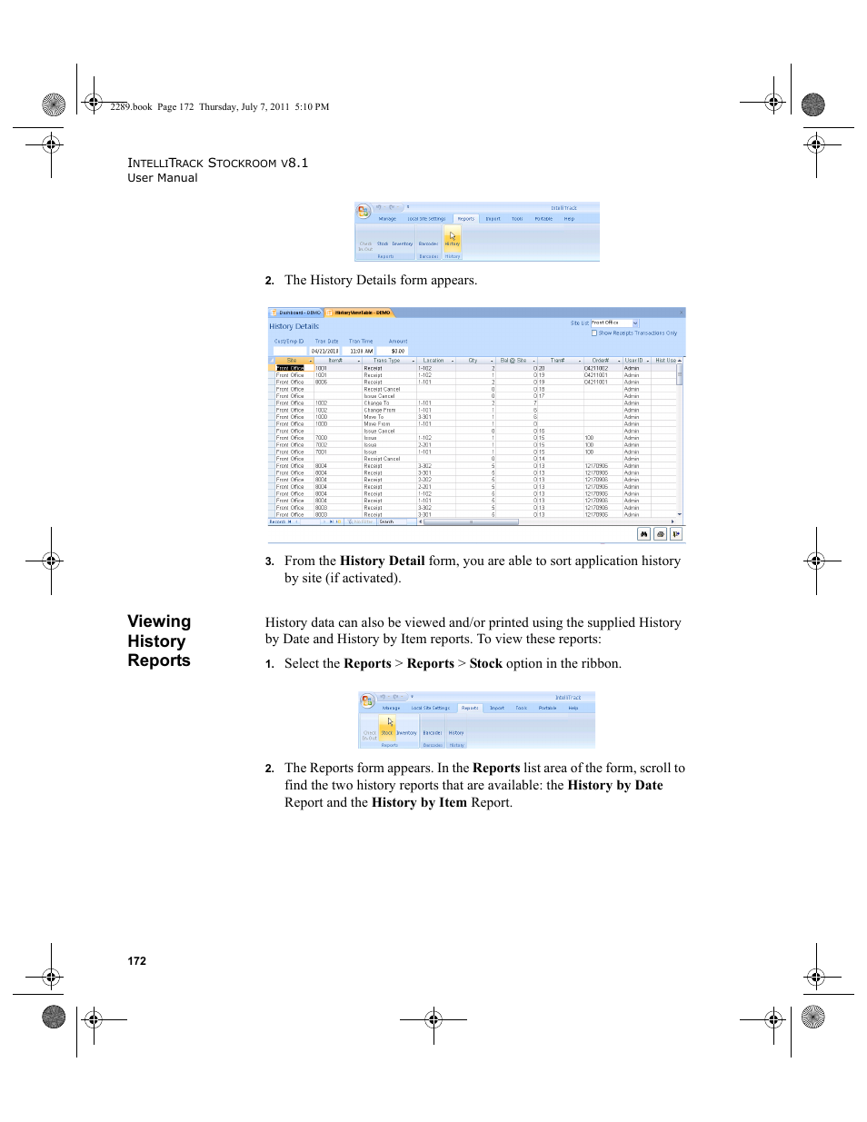 Viewing history reports | IntelliTrack Stockroom Inventory User Manual | Page 200 / 424