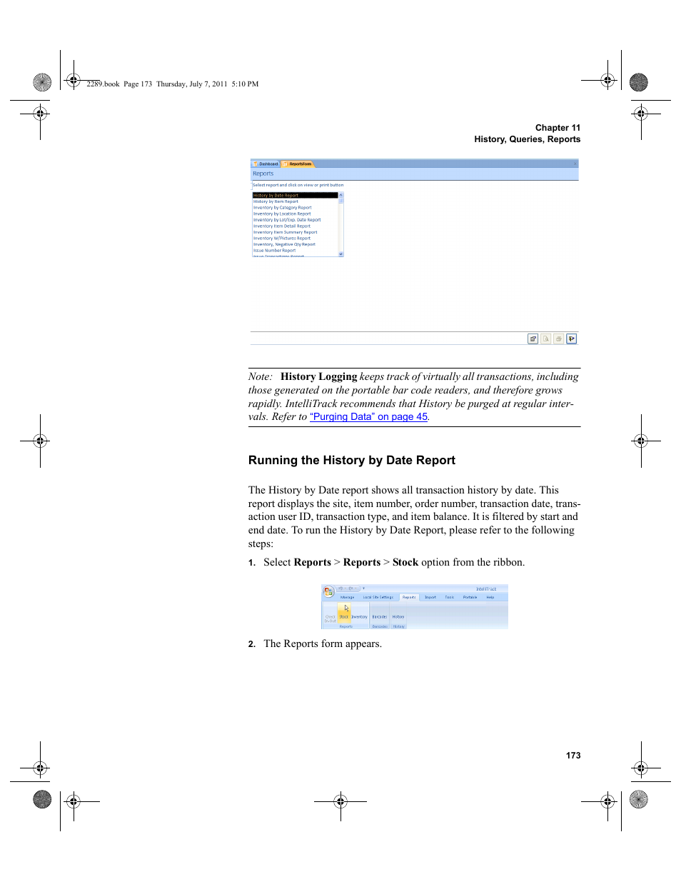 Running the history by date report | IntelliTrack Stockroom Inventory User Manual | Page 201 / 424