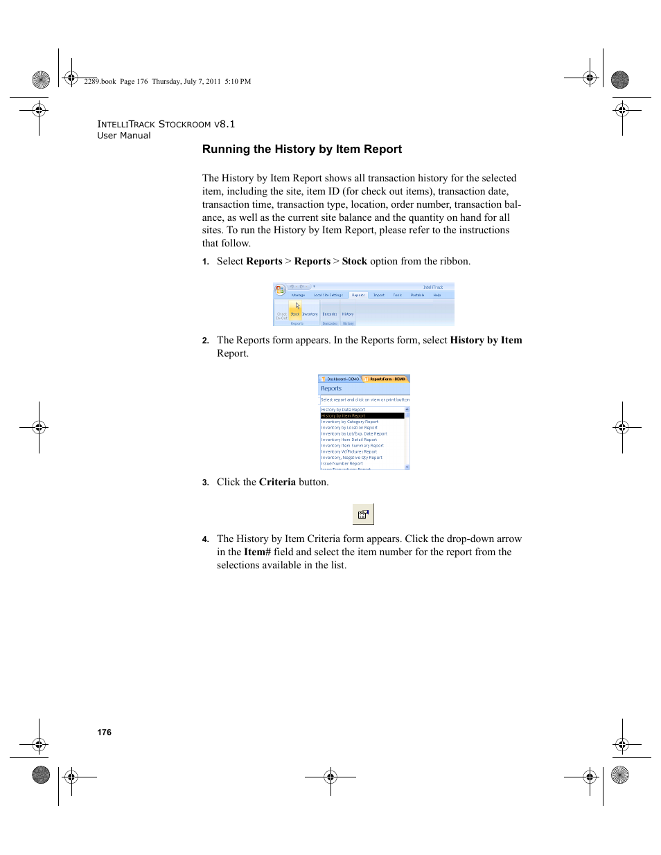 Running the history by item report | IntelliTrack Stockroom Inventory User Manual | Page 204 / 424