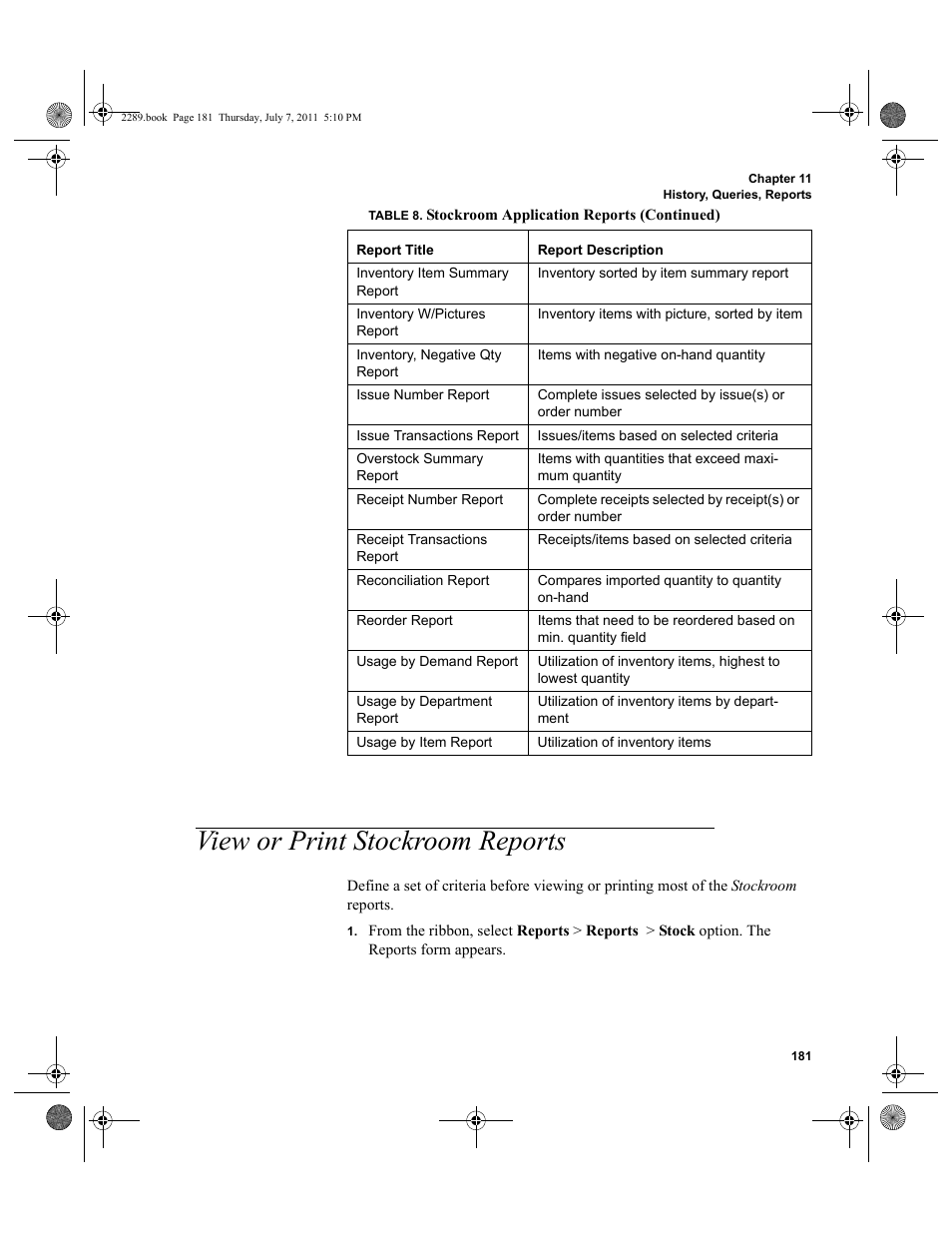 View or print stockroom reports | IntelliTrack Stockroom Inventory User Manual | Page 209 / 424