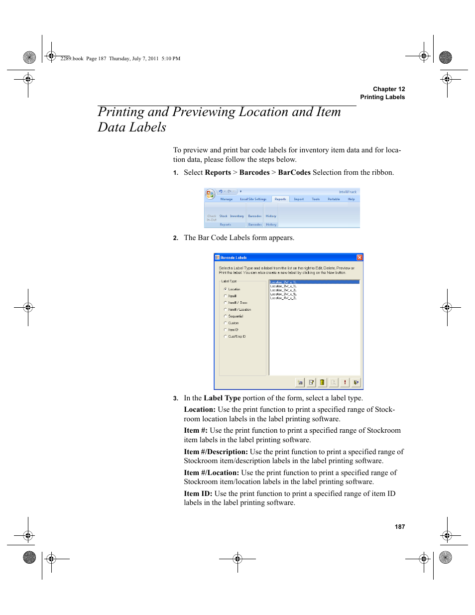Printing and previewing location and item data, Labels | IntelliTrack Stockroom Inventory User Manual | Page 215 / 424
