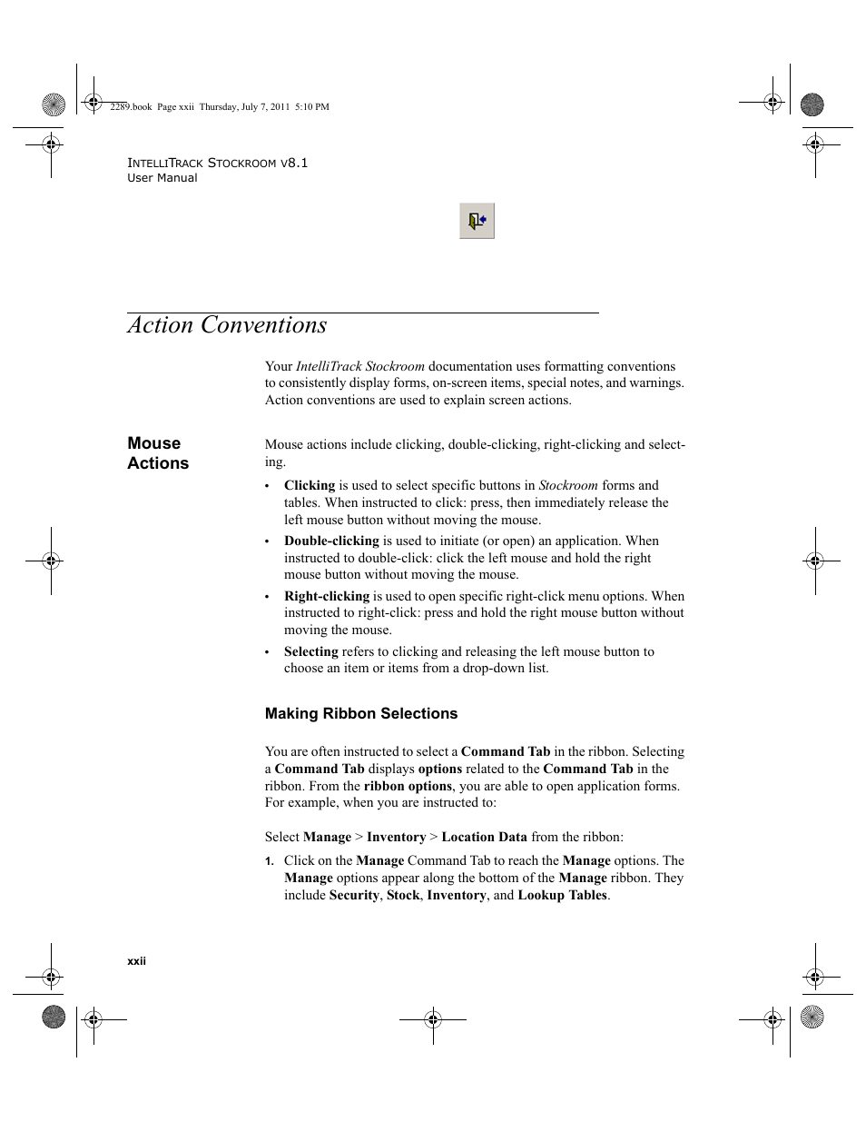 Action conventions, Mouse actions | IntelliTrack Stockroom Inventory User Manual | Page 22 / 424