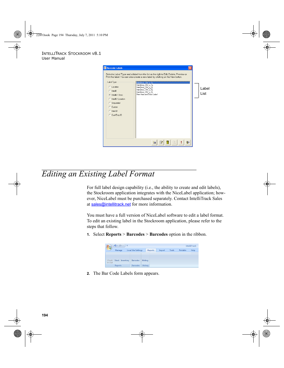 Editing an existing label format | IntelliTrack Stockroom Inventory User Manual | Page 222 / 424