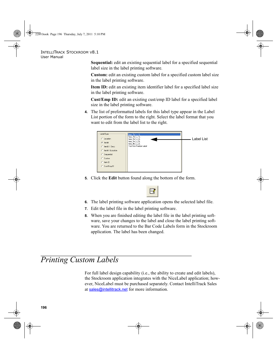 Printing custom labels | IntelliTrack Stockroom Inventory User Manual | Page 224 / 424