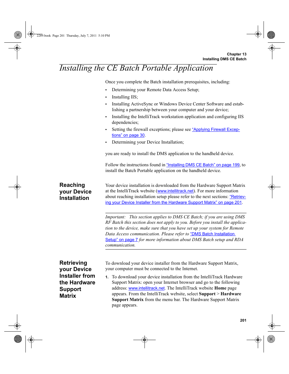 Installing the ce batch portable application, Reaching your device installation, Retrieving your device installer from the hardware | Support matrix | IntelliTrack Stockroom Inventory User Manual | Page 229 / 424