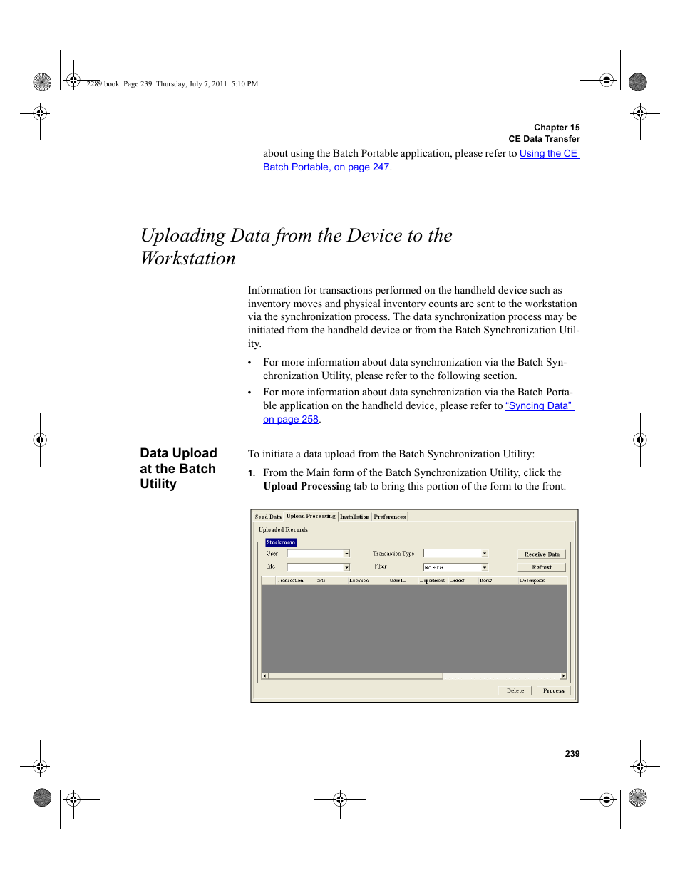 Uploading data from the device to the workstation, Data upload at the batch utility | IntelliTrack Stockroom Inventory User Manual | Page 267 / 424