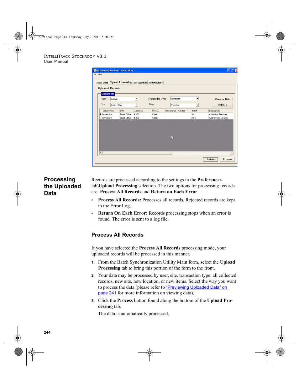 Processing the uploaded data, Process all records | IntelliTrack Stockroom Inventory User Manual | Page 272 / 424