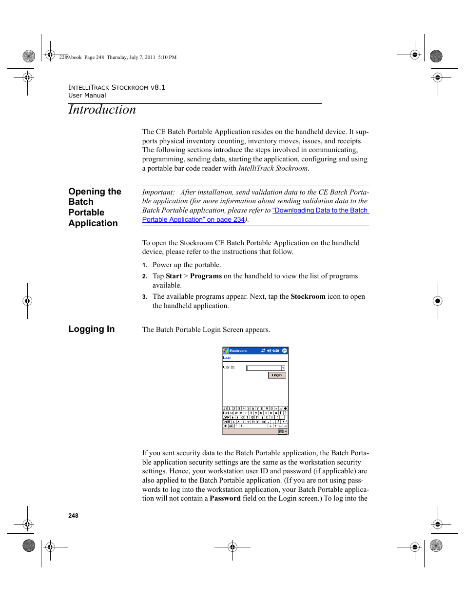 Introduction, Opening the batch portable application, Logging in | Opening the batch portable application logging in | IntelliTrack Stockroom Inventory User Manual | Page 276 / 424