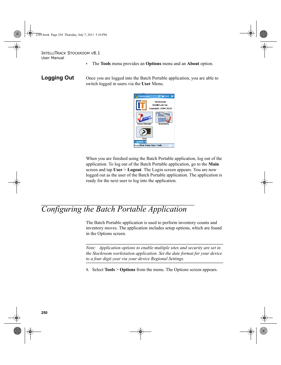 Logging out, Configuring the batch portable application | IntelliTrack Stockroom Inventory User Manual | Page 278 / 424