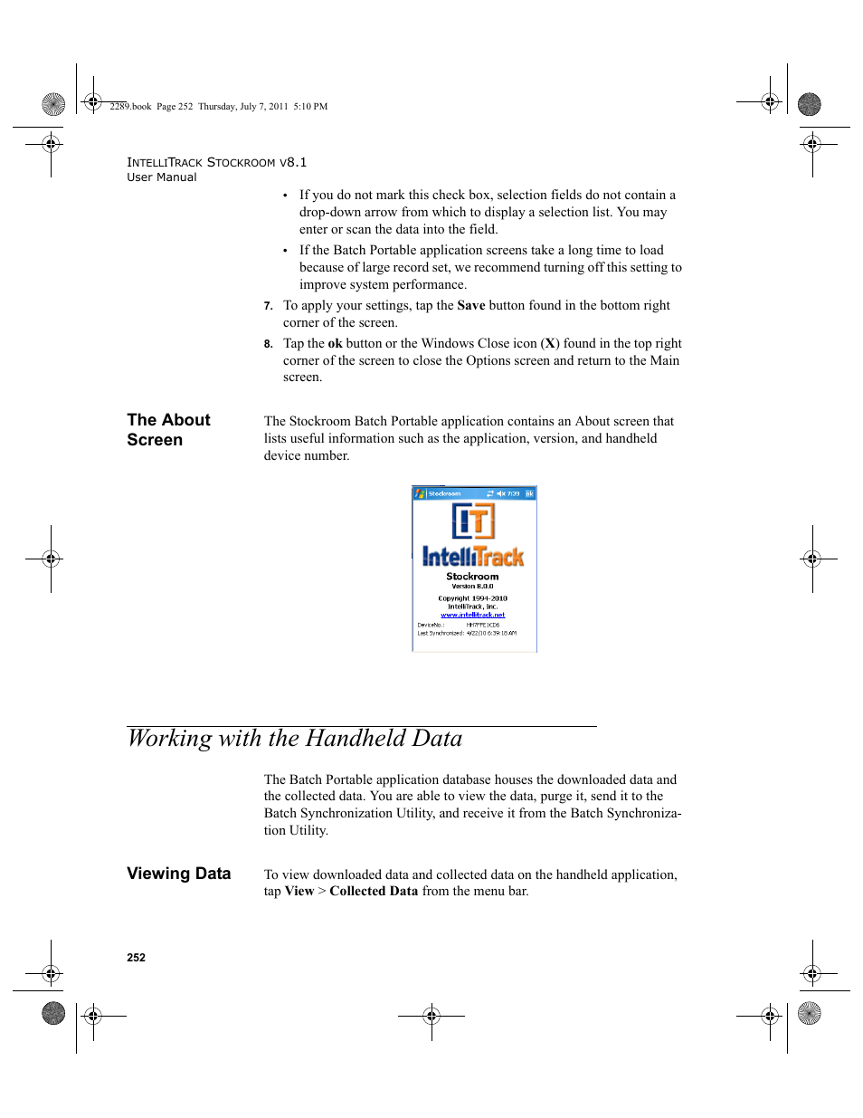 The about screen, Working with the handheld data, Viewing data | IntelliTrack Stockroom Inventory User Manual | Page 280 / 424