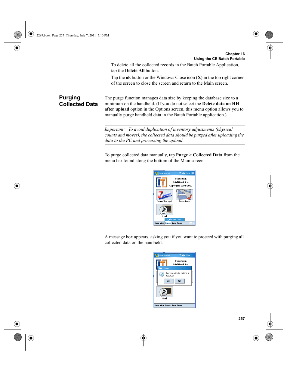 Purging collected data | IntelliTrack Stockroom Inventory User Manual | Page 285 / 424