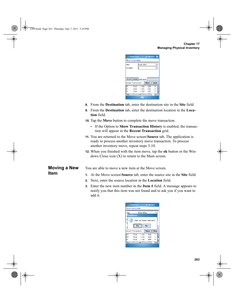 Moving a new item | IntelliTrack Stockroom Inventory User Manual | Page 291 / 424