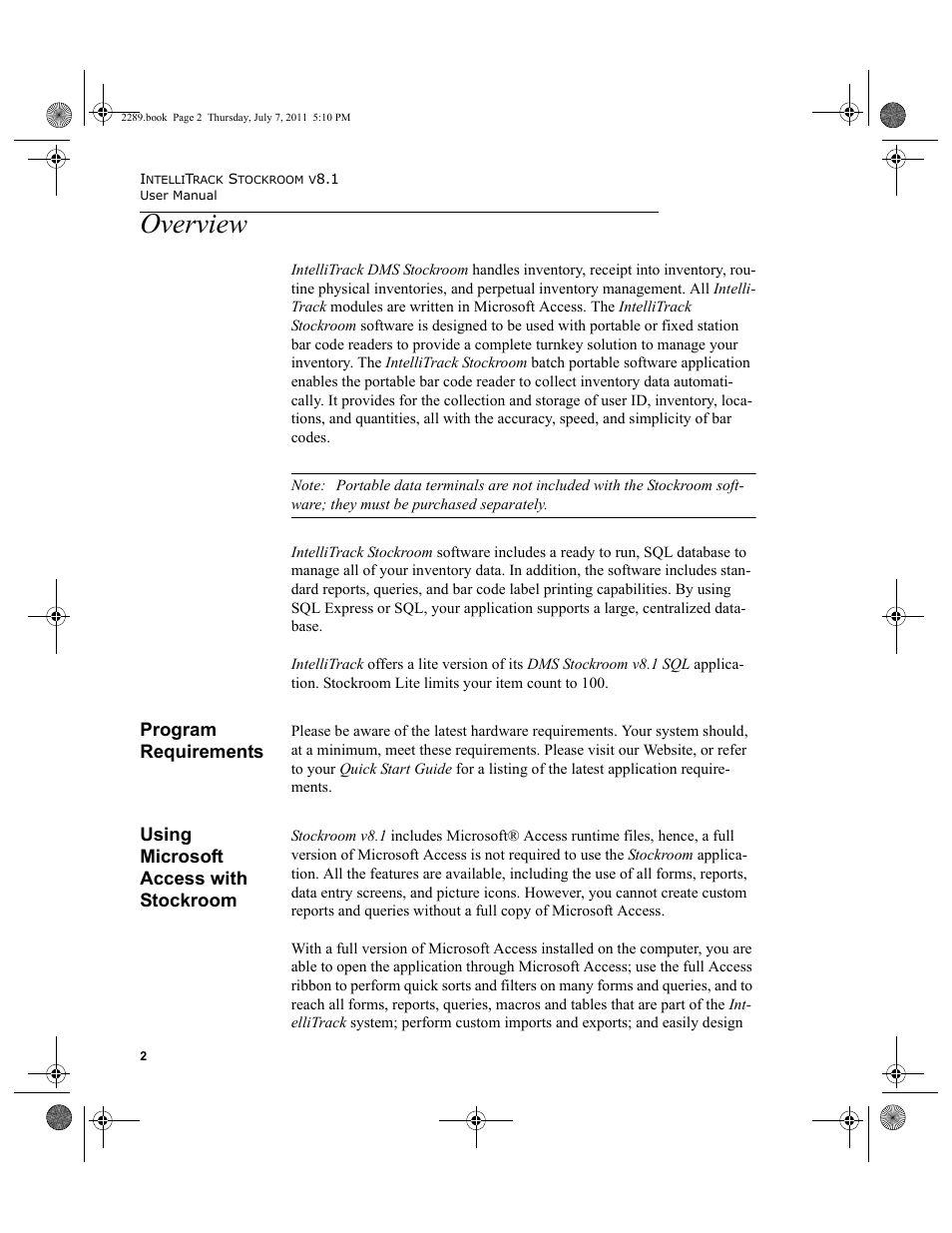 Overview, Program requirements, Using microsoft access with stockroom | IntelliTrack Stockroom Inventory User Manual | Page 30 / 424