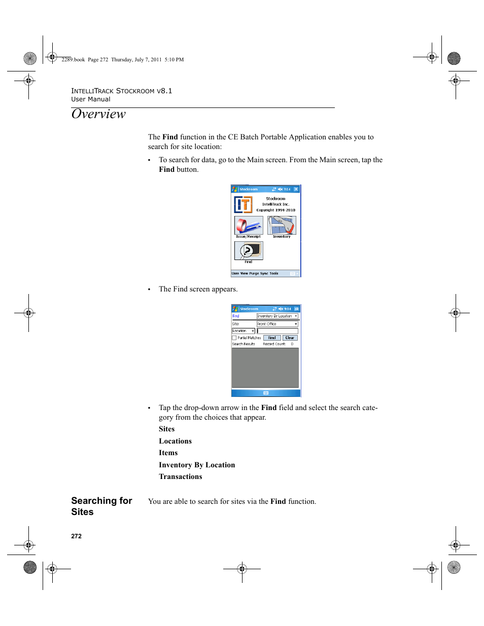 Overview, Searching for sites | IntelliTrack Stockroom Inventory User Manual | Page 300 / 424
