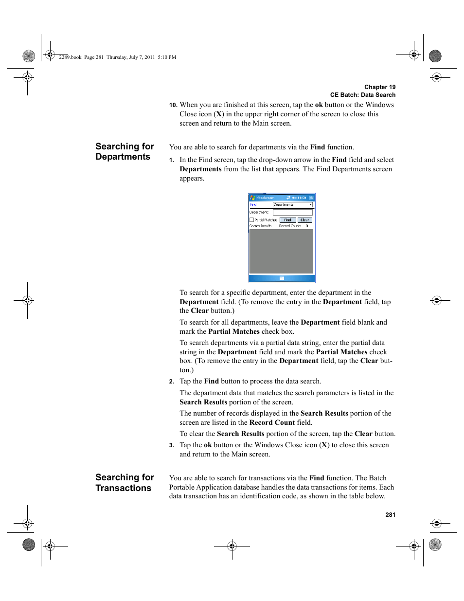 Searching for departments, Searching for transactions | IntelliTrack Stockroom Inventory User Manual | Page 309 / 424