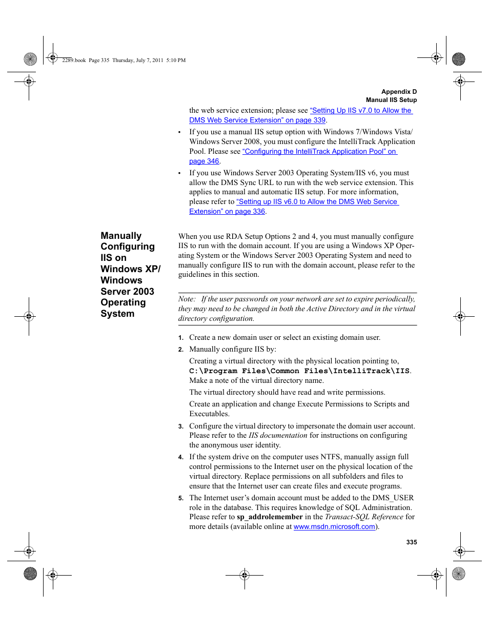 Manually configuring iis on windows xp, Windows server 2003 operating system, Manually configuring iis on windows xp/windows | Server 2003 operating system, R to, Manually configuring iis on win | IntelliTrack Stockroom Inventory User Manual | Page 363 / 424