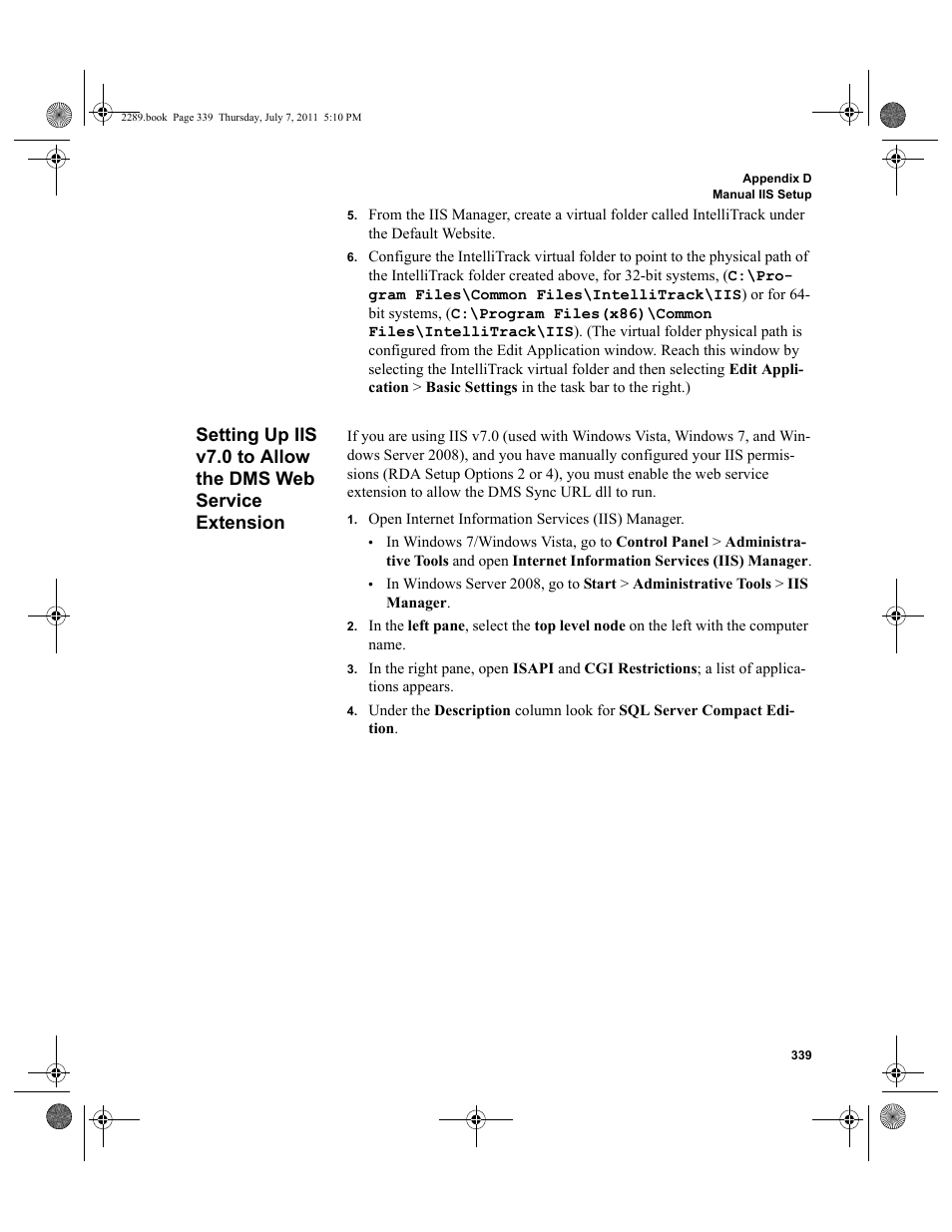 Setting up iis v7.0 to allow the dms web service, Extension, Setting up iis v7.0 to allow the | IntelliTrack Stockroom Inventory User Manual | Page 367 / 424