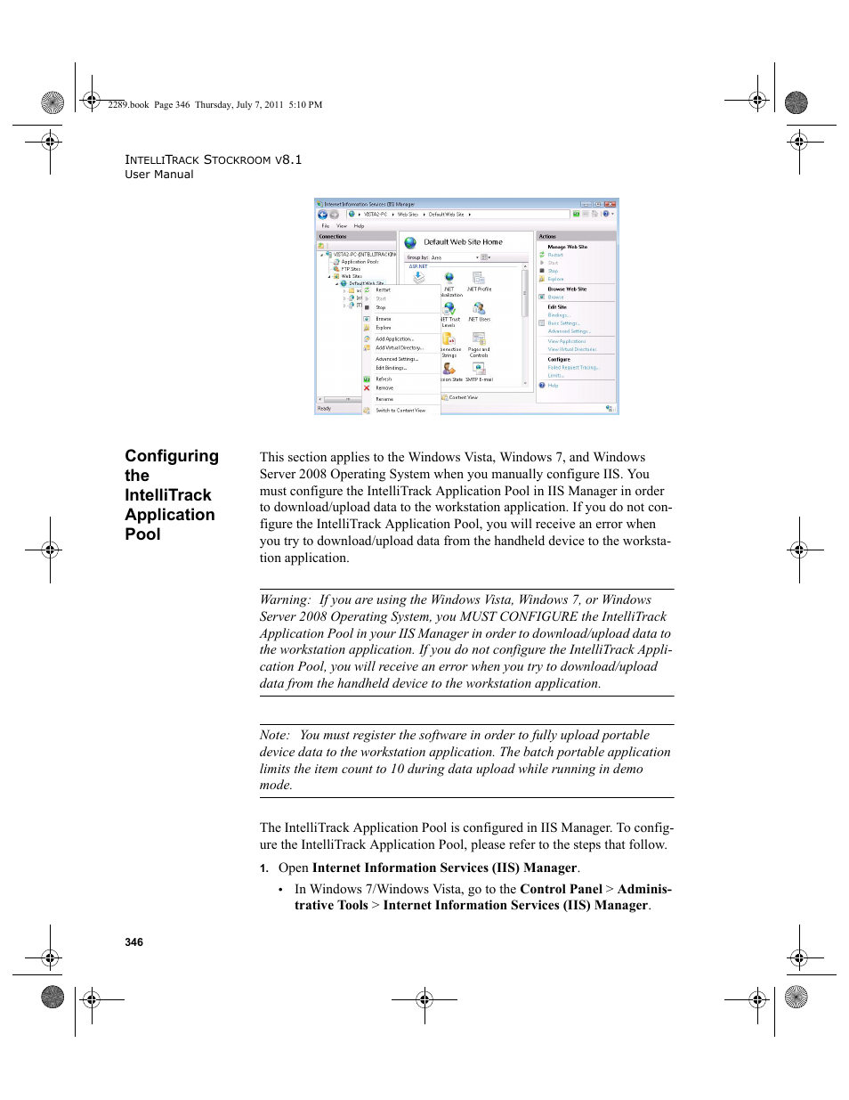 Configuring the intellitrack application pool, E see, Configuring the intellitrack application pool” on | IntelliTrack Stockroom Inventory User Manual | Page 374 / 424