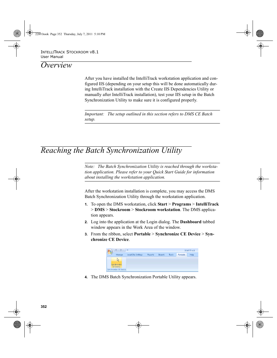 Overview, Reaching the batch synchronization utility | IntelliTrack Stockroom Inventory User Manual | Page 380 / 424