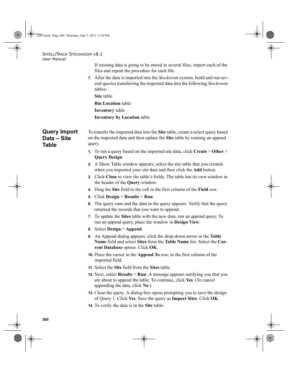 Query import data - site table, Query import data – site table | IntelliTrack Stockroom Inventory User Manual | Page 388 / 424