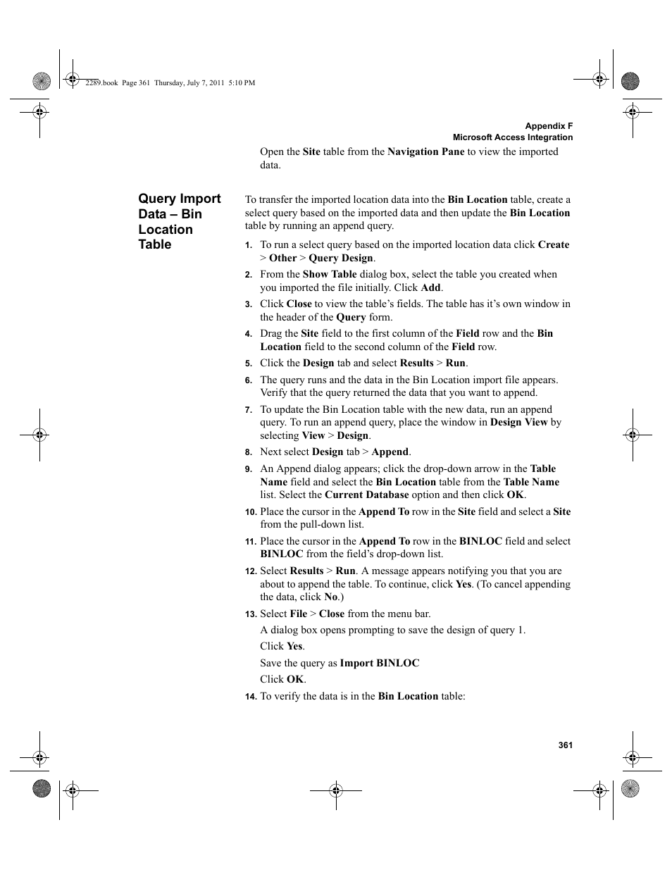 Query import data - bin location table, Query import data – bin location table | IntelliTrack Stockroom Inventory User Manual | Page 389 / 424