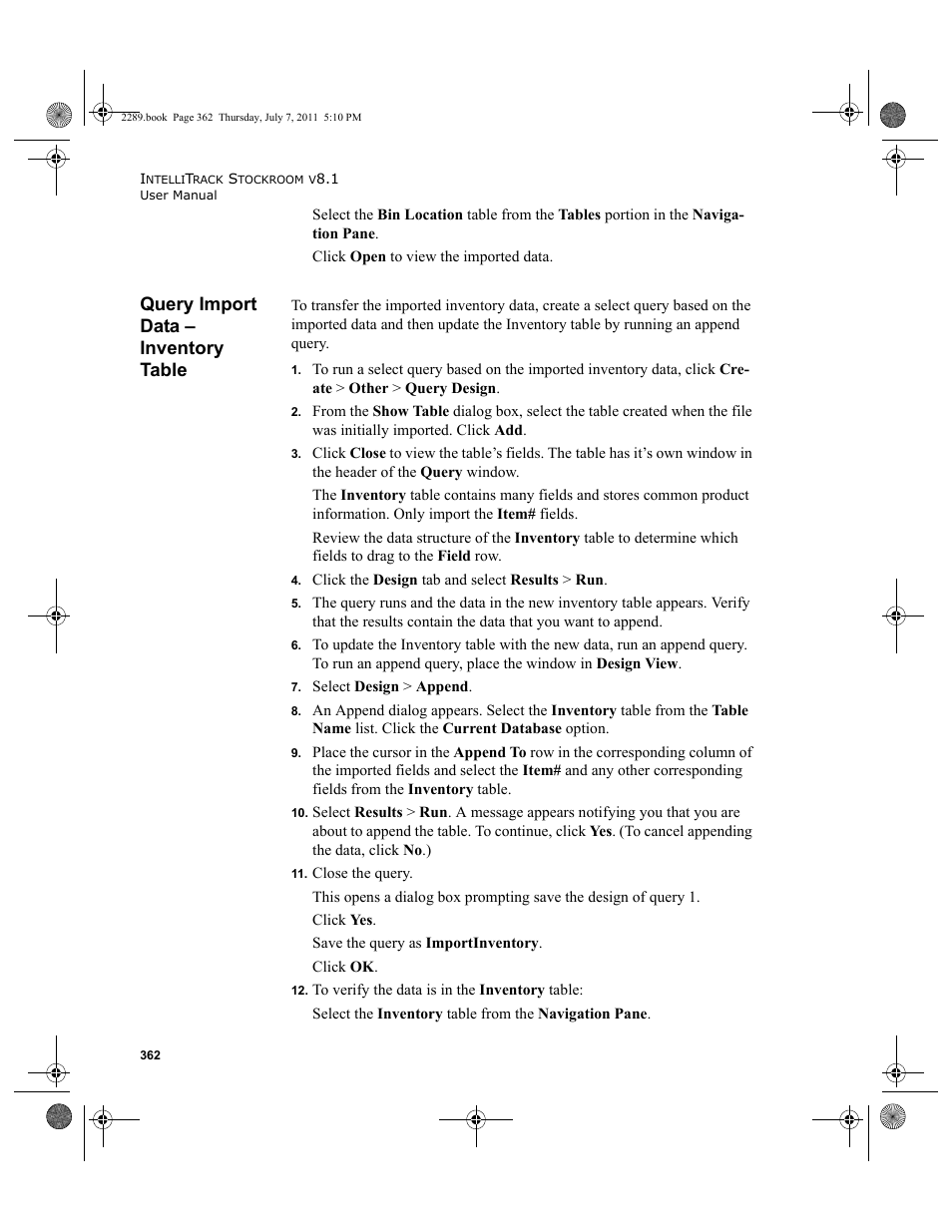 Query import data - inventory table, Query import data – inventory table | IntelliTrack Stockroom Inventory User Manual | Page 390 / 424