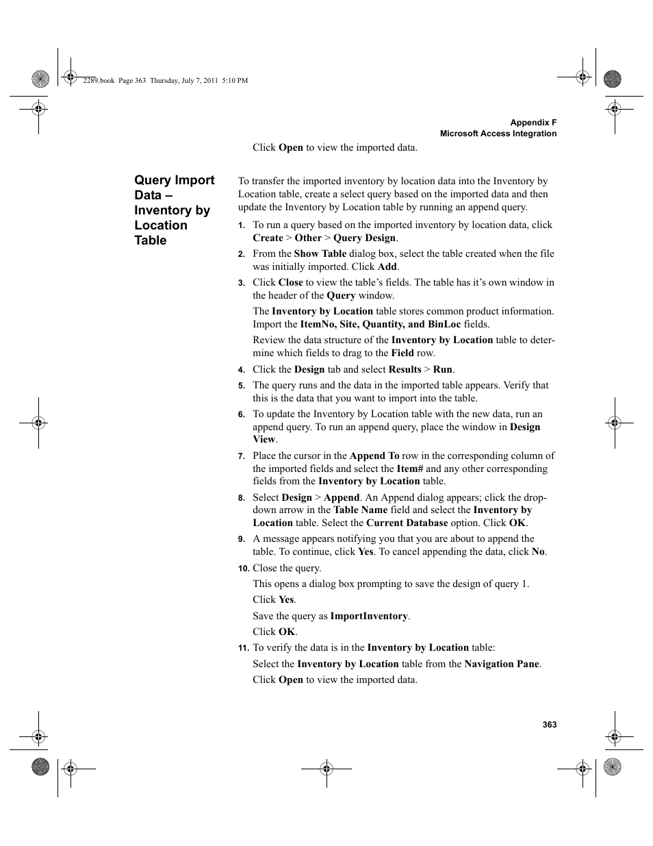 Query import data - inventory by location table, Query import data – inventory by location table | IntelliTrack Stockroom Inventory User Manual | Page 391 / 424
