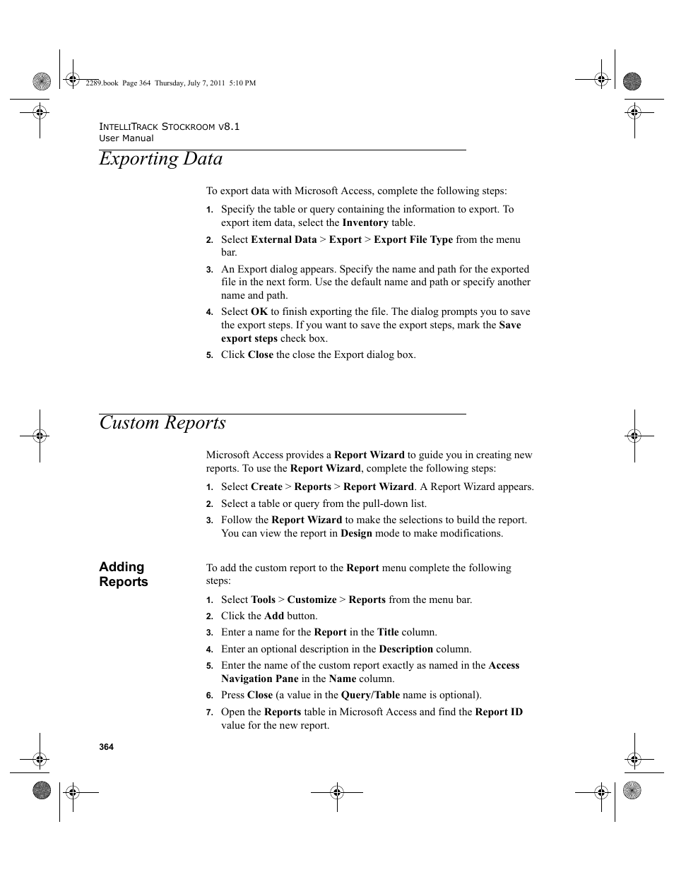 Exporting data, Custom reports, Adding reports | Exporting data custom reports | IntelliTrack Stockroom Inventory User Manual | Page 392 / 424