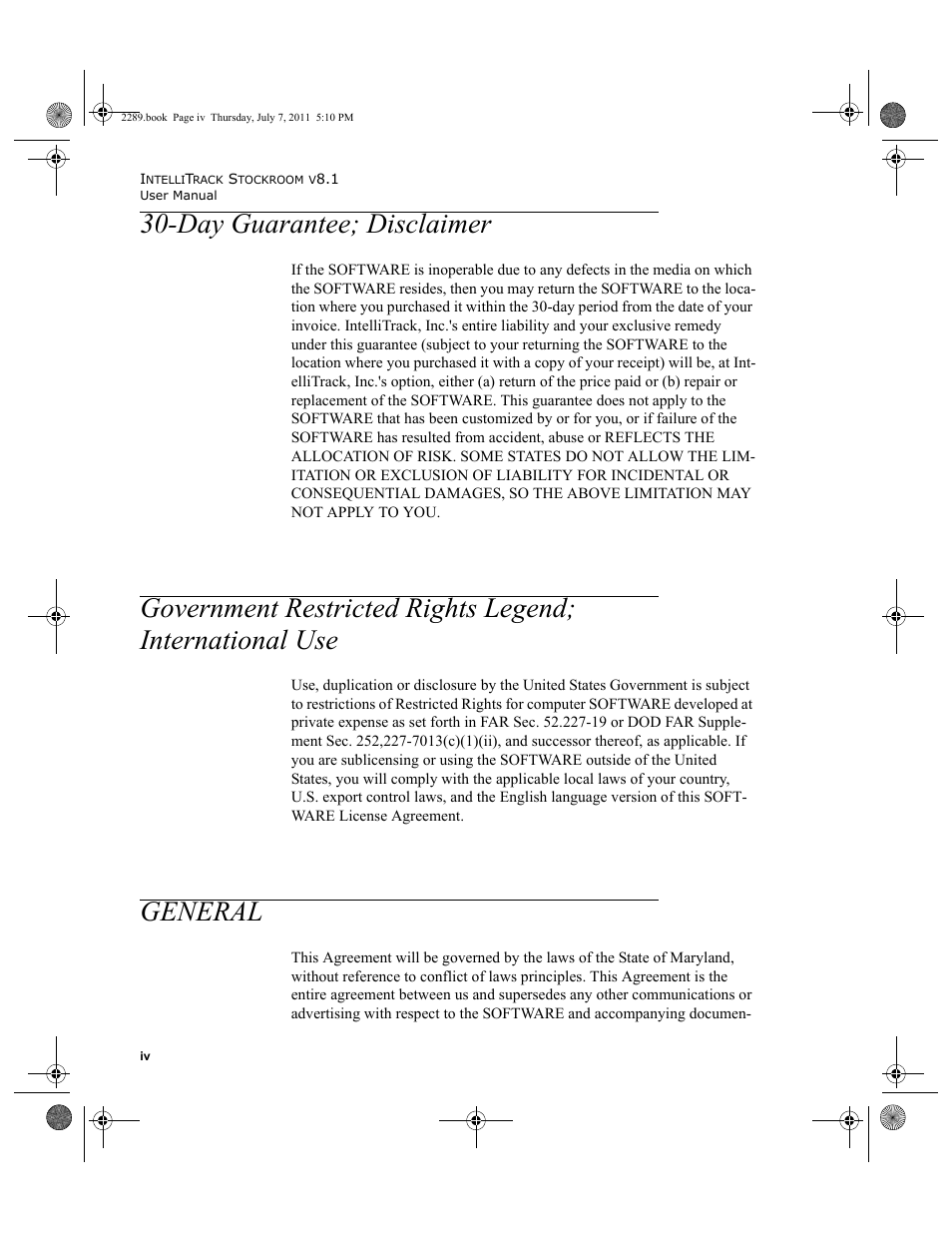 Day guarantee; disclaimer, General | IntelliTrack Stockroom Inventory User Manual | Page 4 / 424