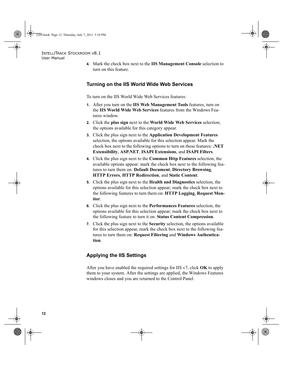 Turning, Turning on the iis world wide web services, Applying the iis settings | IntelliTrack Stockroom Inventory User Manual | Page 40 / 424