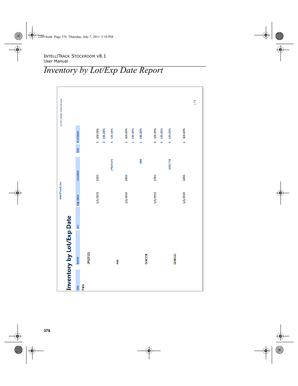 Inventory by lot/exp date report | IntelliTrack Stockroom Inventory User Manual | Page 404 / 424