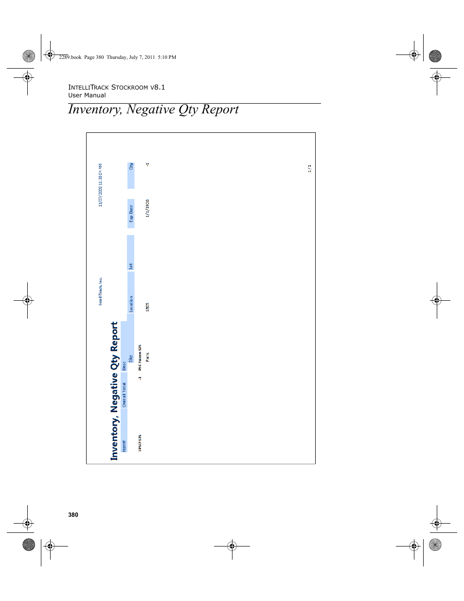 Inventory, negative qty report | IntelliTrack Stockroom Inventory User Manual | Page 408 / 424