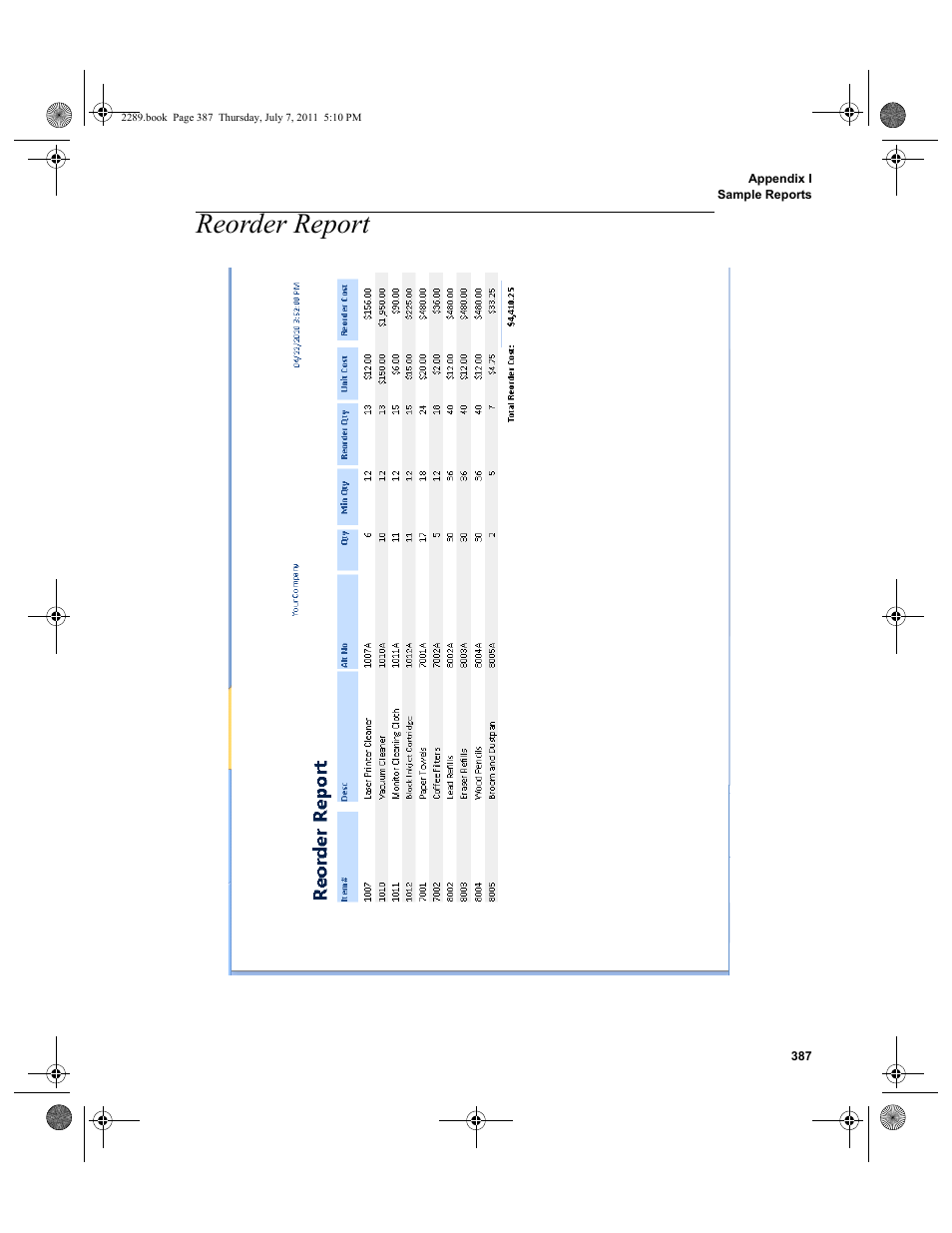 Reorder report | IntelliTrack Stockroom Inventory User Manual | Page 415 / 424
