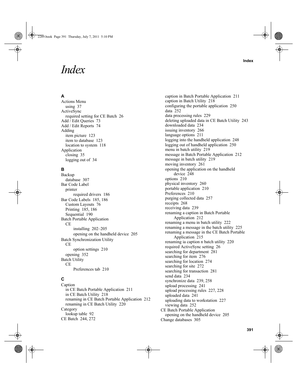 Index | IntelliTrack Stockroom Inventory User Manual | Page 419 / 424