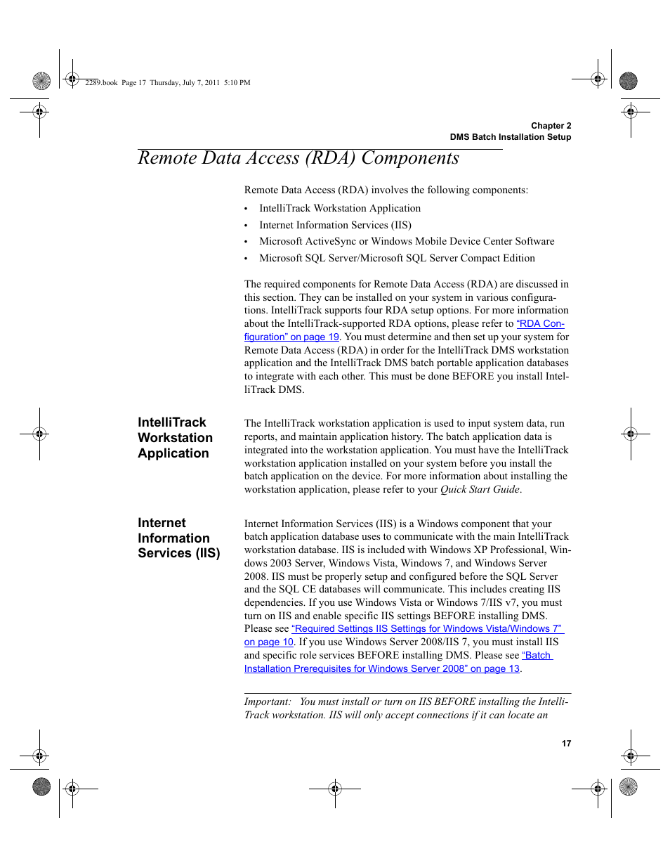 Remote data access (rda) components, Intellitrack workstation application, Internet information services (iis) | Se refer to, Remote data access, For more inf | IntelliTrack Stockroom Inventory User Manual | Page 45 / 424