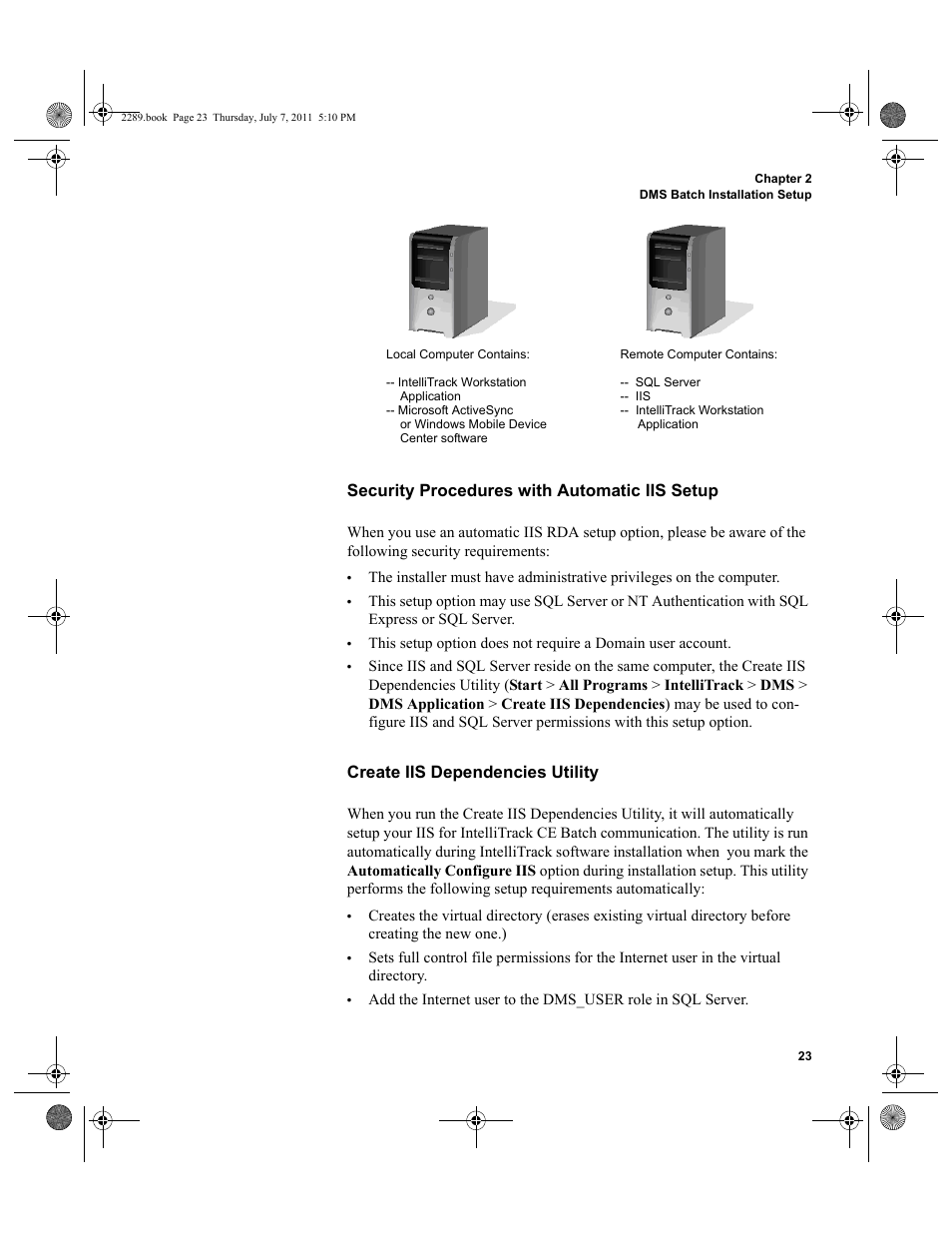 Create iis, Security procedures with automatic iis setup, Create iis dependencies utility | IntelliTrack Stockroom Inventory User Manual | Page 51 / 424