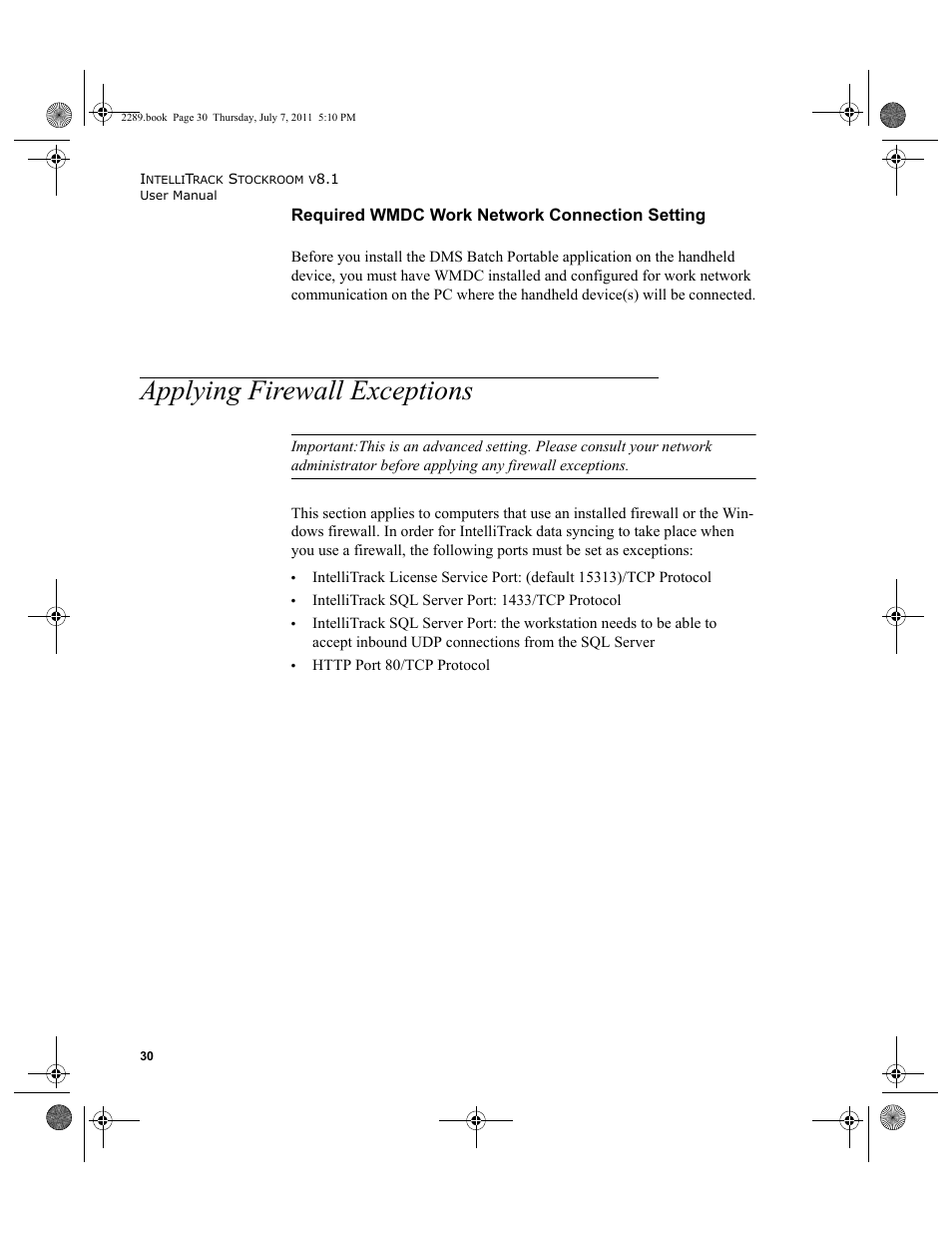 Applying firewall exceptions, Required wmdc work network connection setting, Please refer to | For more | IntelliTrack Stockroom Inventory User Manual | Page 58 / 424