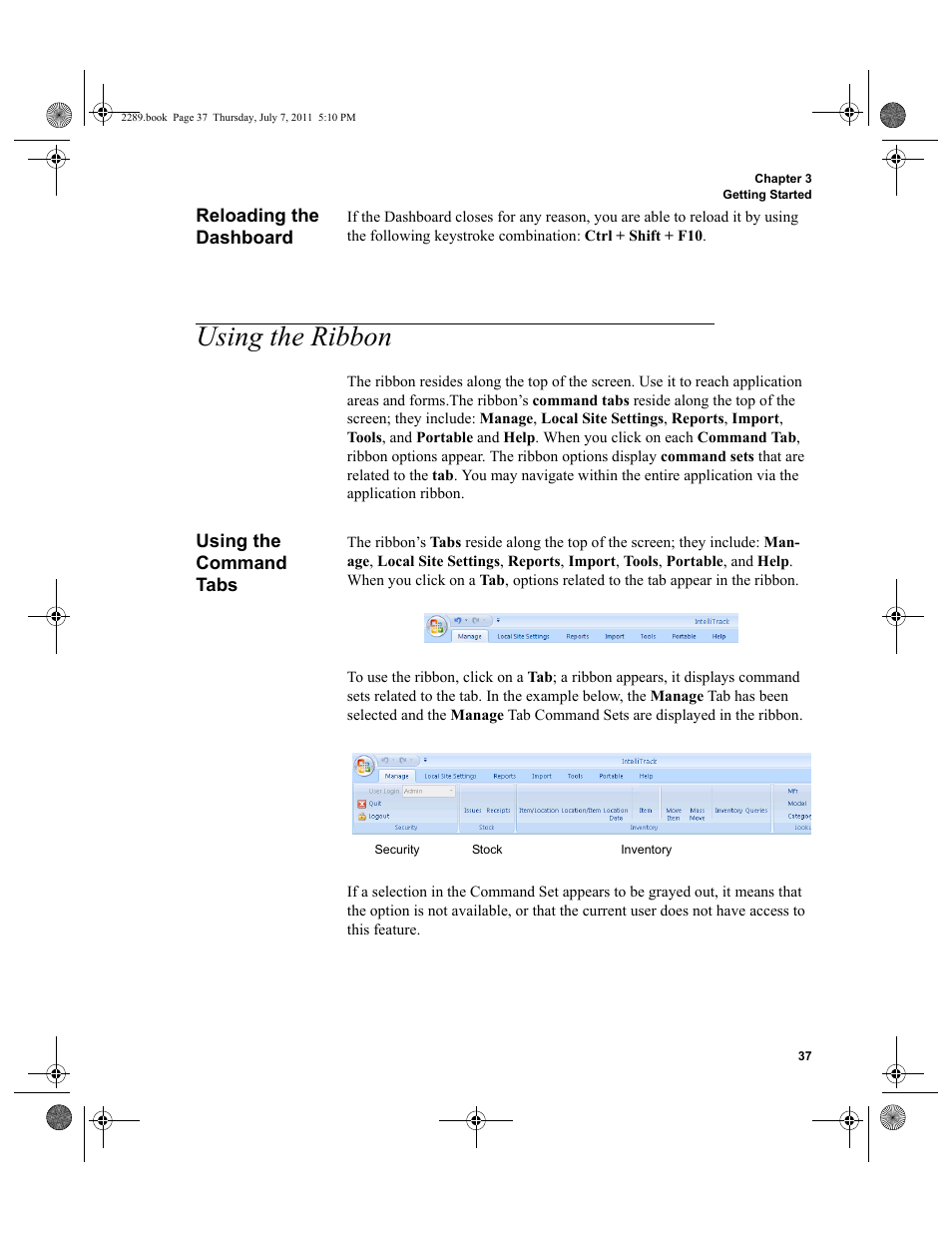 Reloading the dashboard, Using the ribbon, Using the command tabs | IntelliTrack Stockroom Inventory User Manual | Page 65 / 424