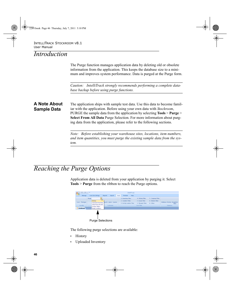 Introduction, A note about sample data, Reaching the purge options | IntelliTrack Stockroom Inventory User Manual | Page 74 / 424