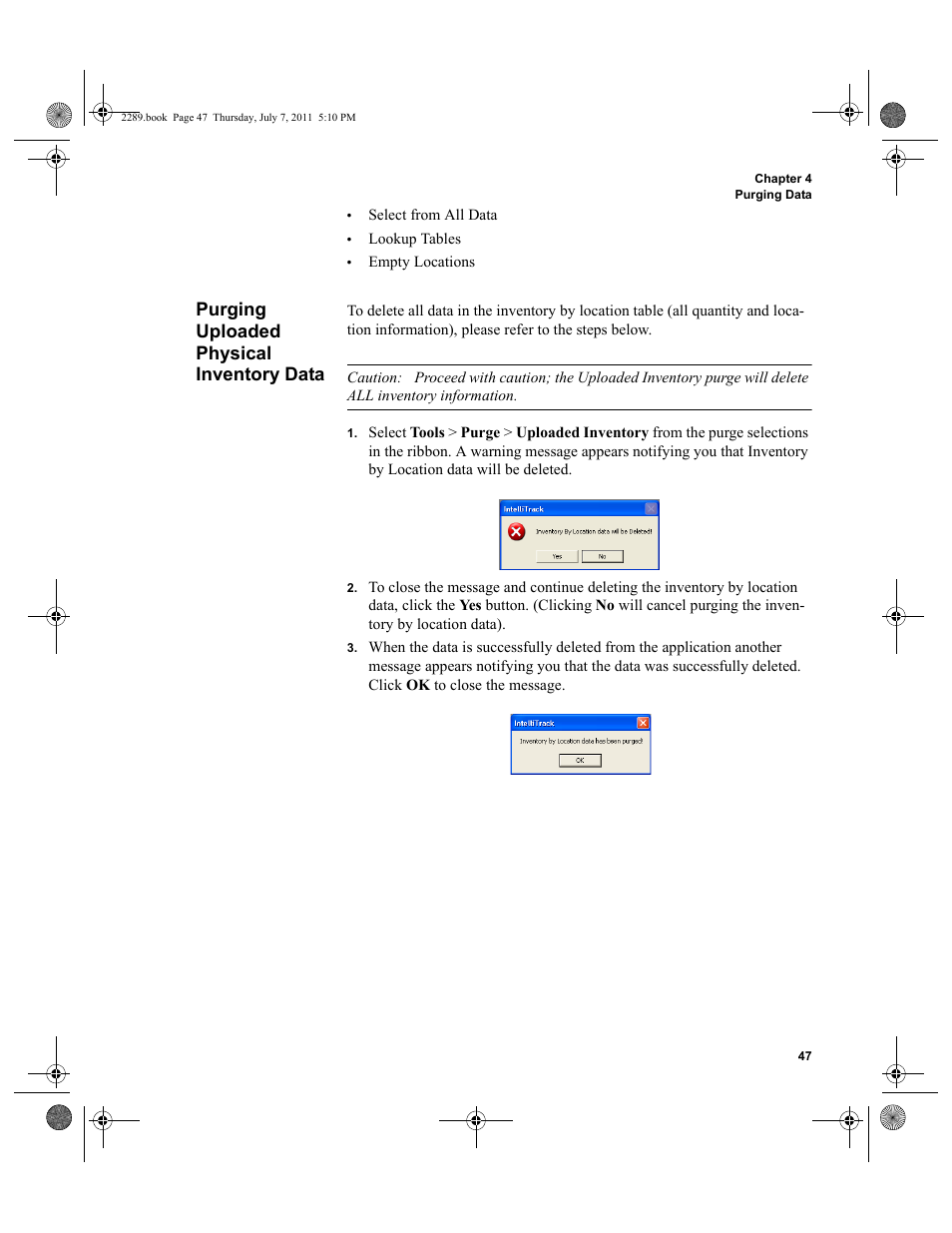Purging uploaded physical inventory data | IntelliTrack Stockroom Inventory User Manual | Page 75 / 424