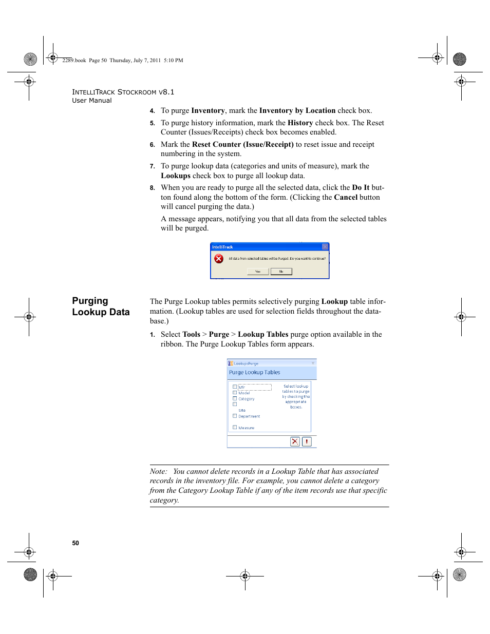 Purging lookup data | IntelliTrack Stockroom Inventory User Manual | Page 78 / 424