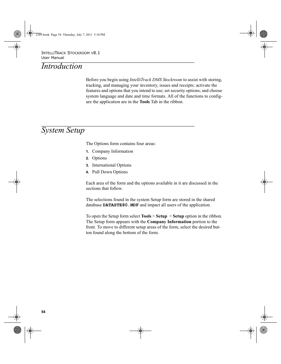 Introduction, System setup, Introduction system setup | IntelliTrack Stockroom Inventory User Manual | Page 82 / 424