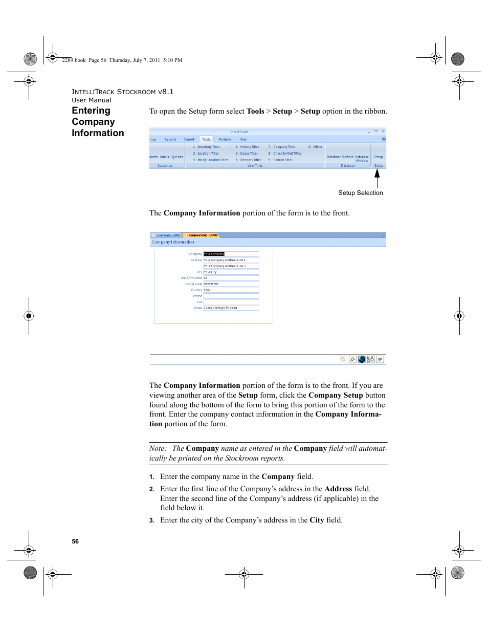 Entering company information | IntelliTrack Stockroom Inventory User Manual | Page 84 / 424