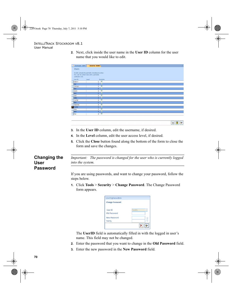 Changing the user password | IntelliTrack Stockroom Inventory User Manual | Page 98 / 424