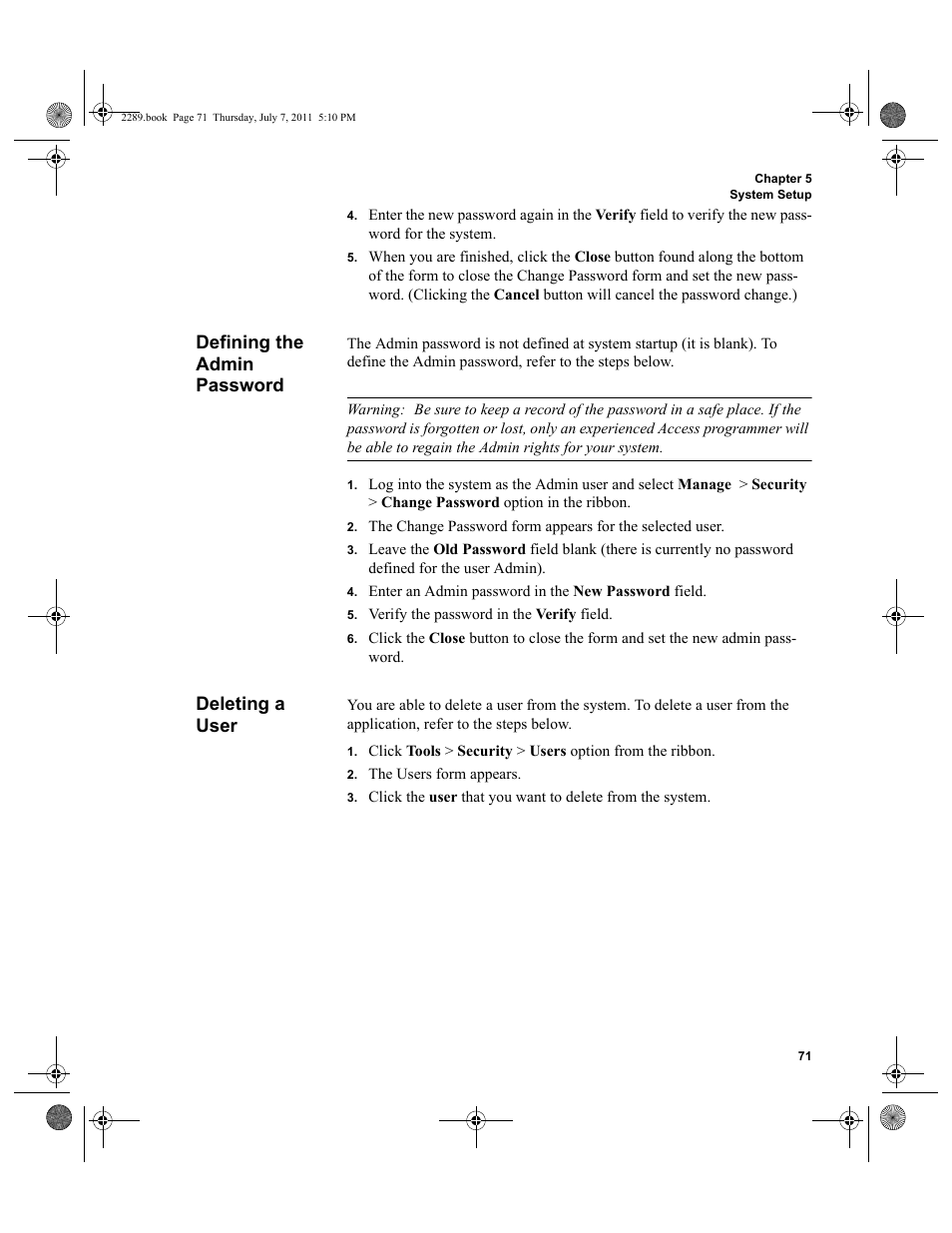 Defining the admin password, Deleting a user, Defining the admin password deleting a user | IntelliTrack Stockroom Inventory User Manual | Page 99 / 424