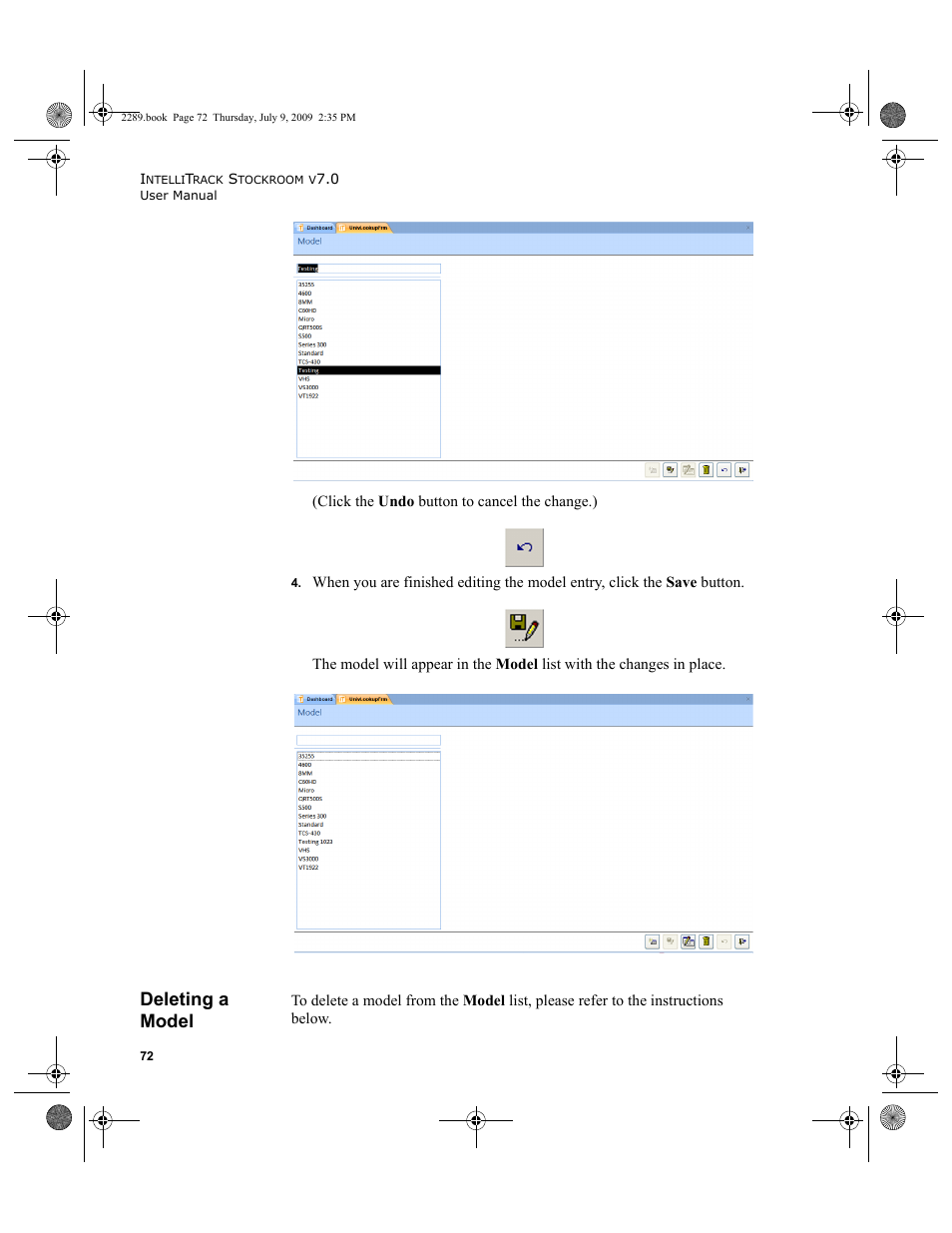 Deleting a model, Deleting a model 72 | IntelliTrack Stockroom Inventory User Manual | Page 100 / 380