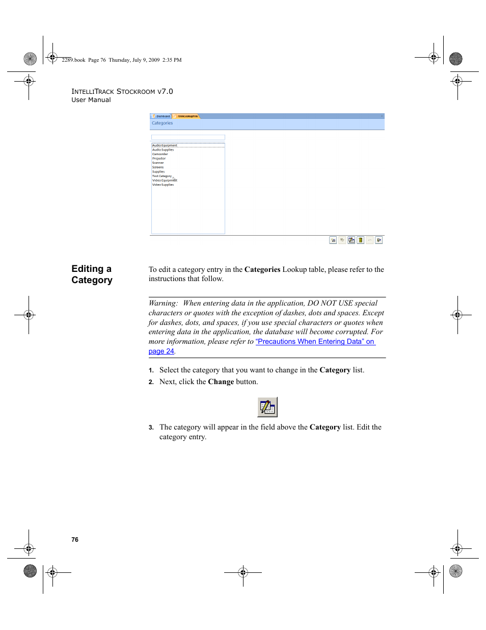 Editing a category, Editing a category 76 | IntelliTrack Stockroom Inventory User Manual | Page 104 / 380