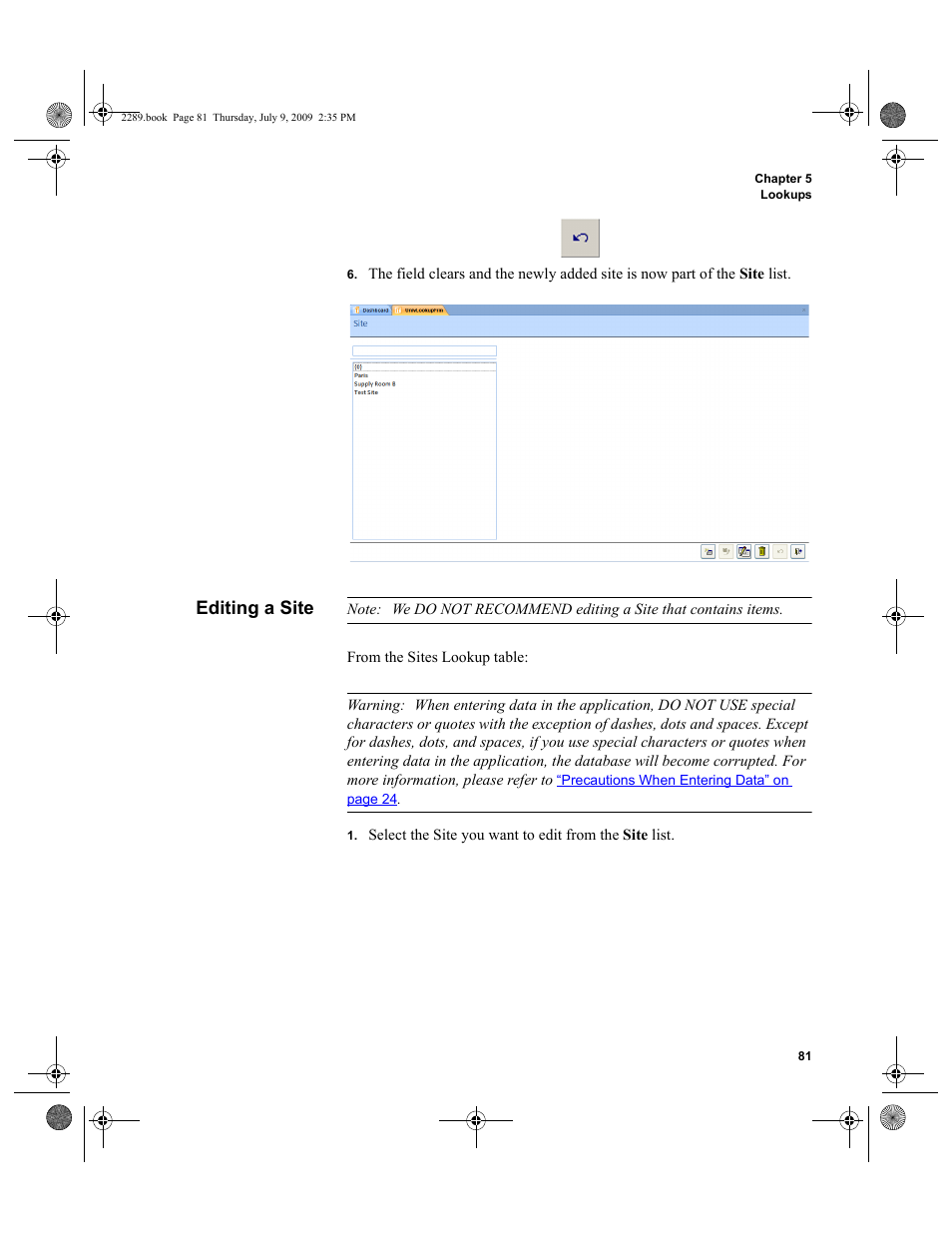 Editing a site, Editing a site 81 | IntelliTrack Stockroom Inventory User Manual | Page 109 / 380