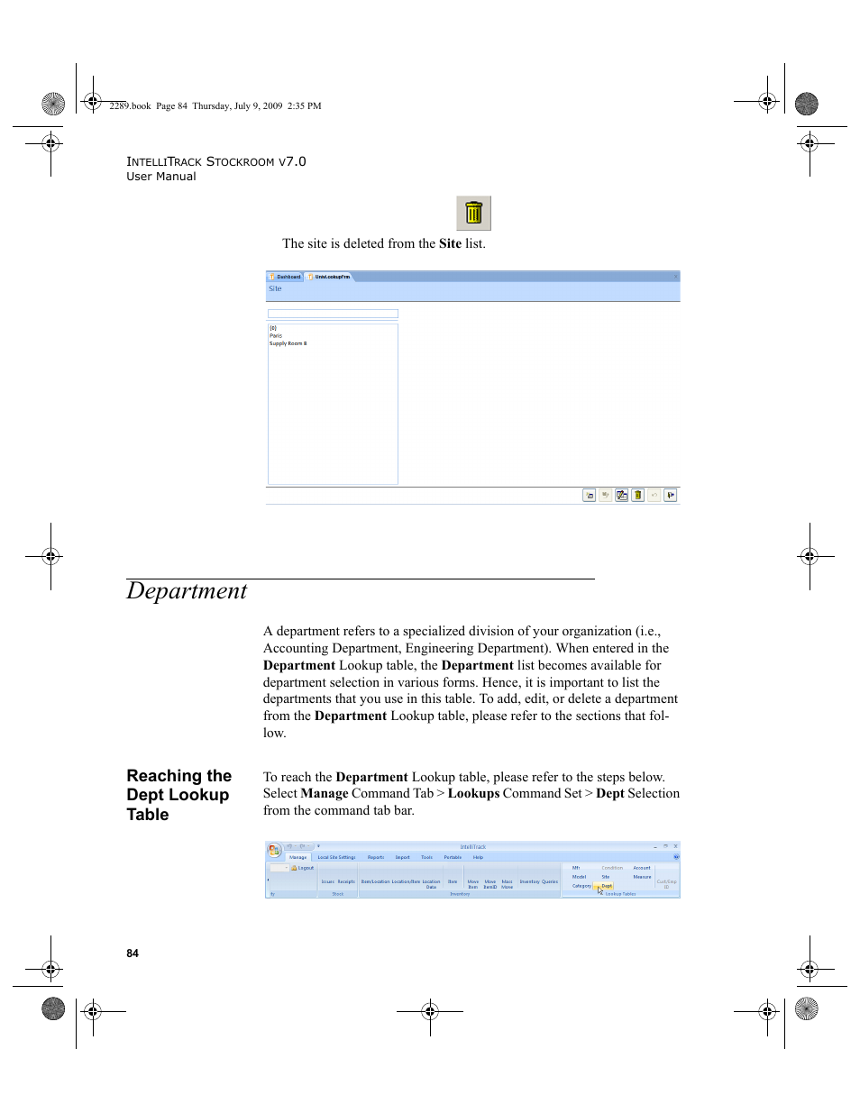 Department, Reaching the dept lookup table, Department 84 | Reaching the dept lookup table 84 | IntelliTrack Stockroom Inventory User Manual | Page 112 / 380